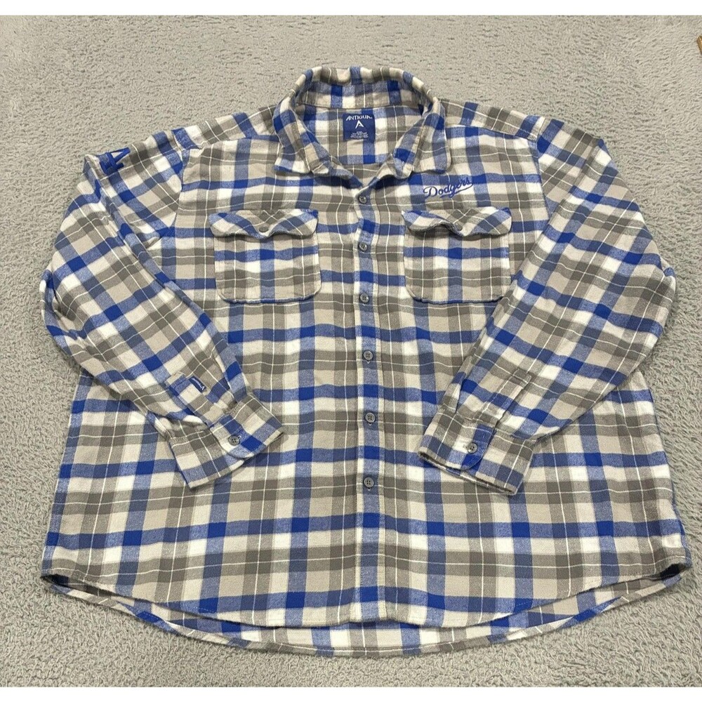 Los Angeles Dodgers Shirt Mens 2XL Blue MLB Baseball Antigua Flannel Plaid